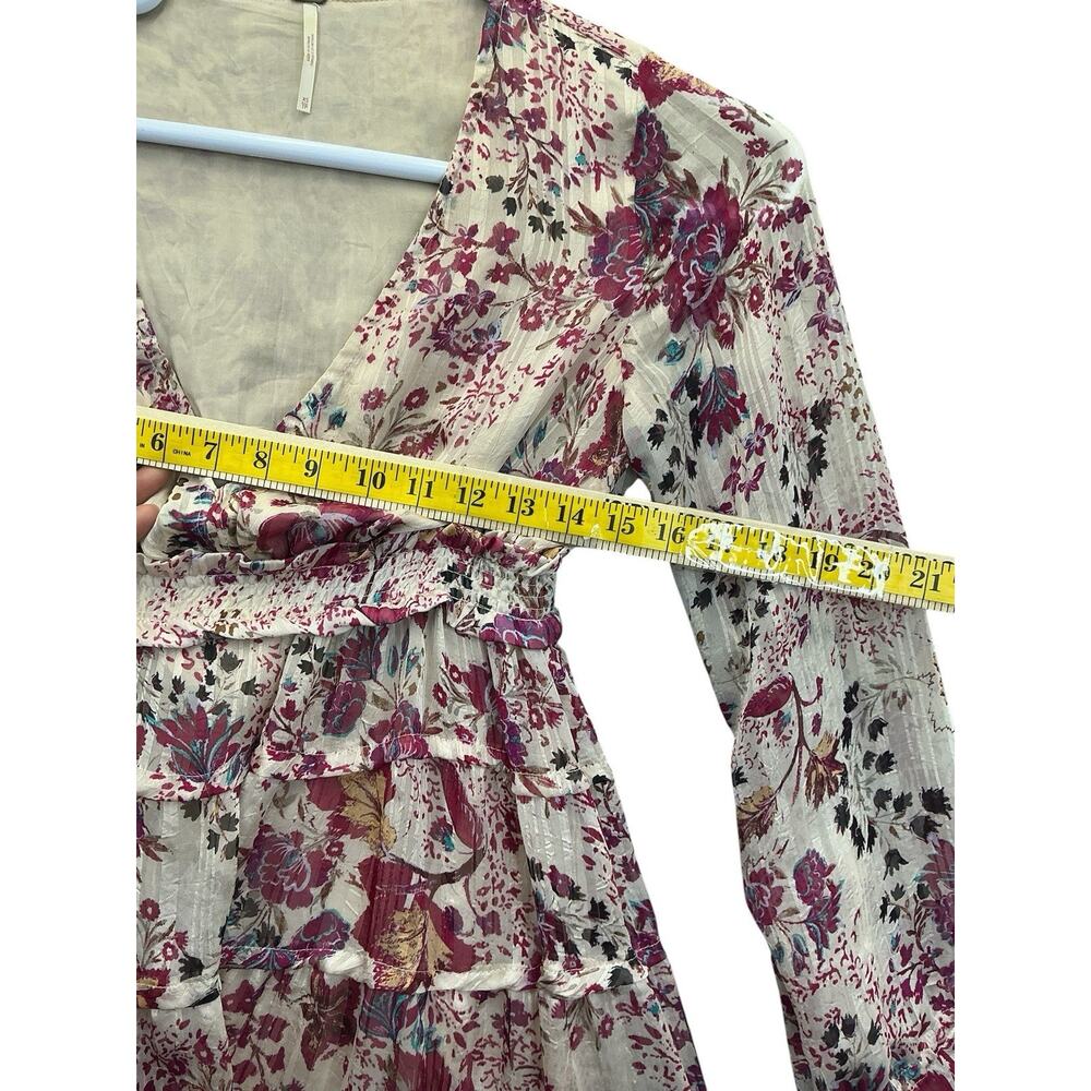 Free People Boho Floral Tiered Mini Dress Smocked Long Sleeve Ruffle V Neck XS - Picture 12 of 15